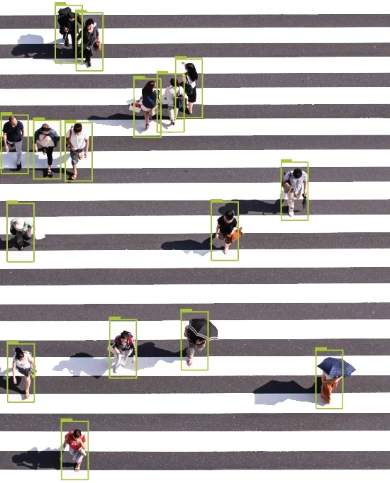 people using a zebra crossing with footfall counting rectangles surrounding them